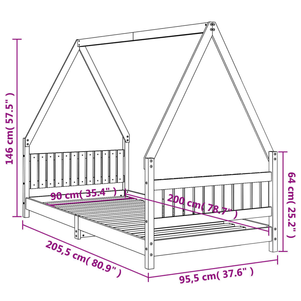 Bērnu gultas rāmis, balts, 90x200 cm, priedes masīvkoks cena un informācija | Bērnu gultas | 220.lv