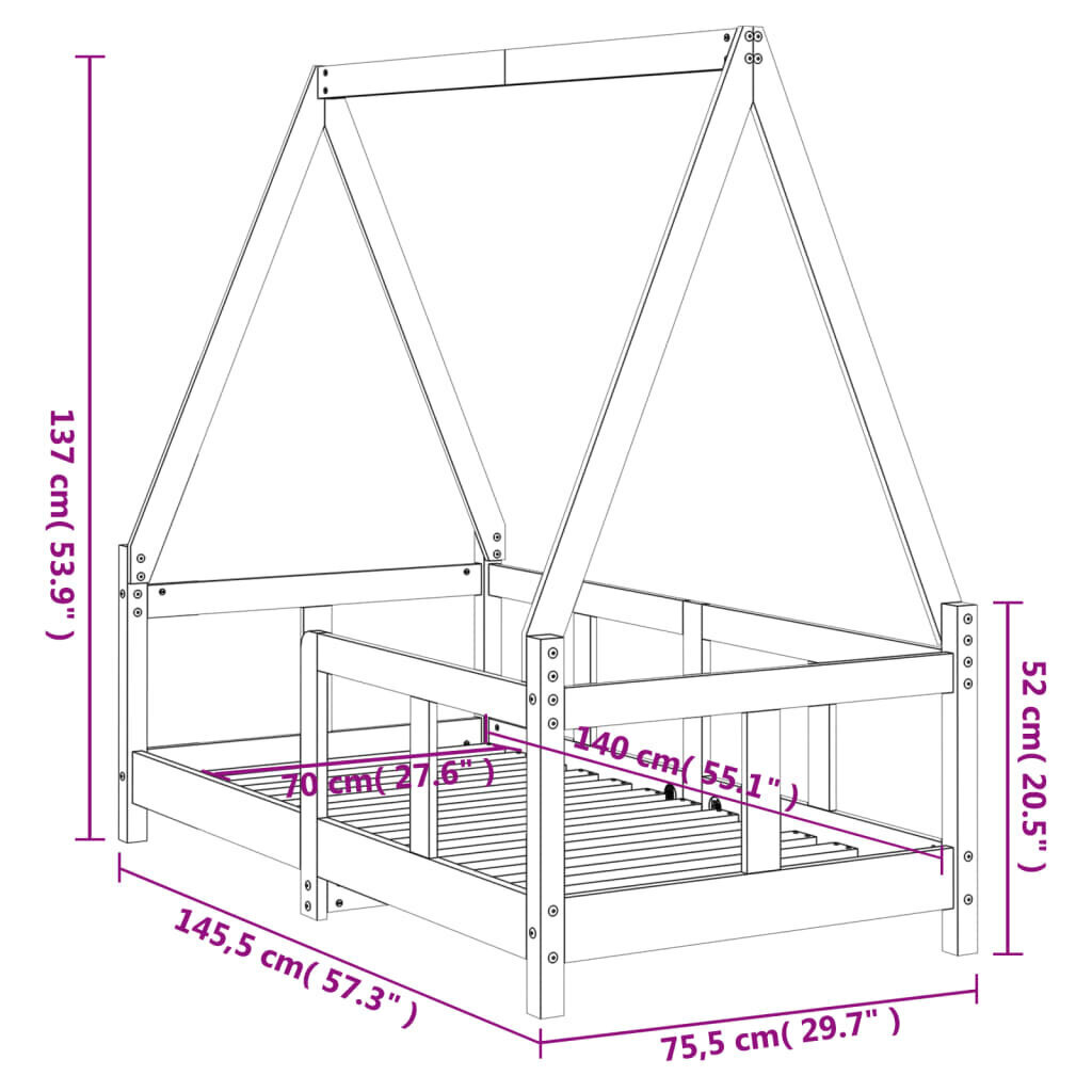 Bērnu gultas rāmis, melns, 70x140 cm, priedes masīvkoks cena un informācija | Bērnu gultas | 220.lv