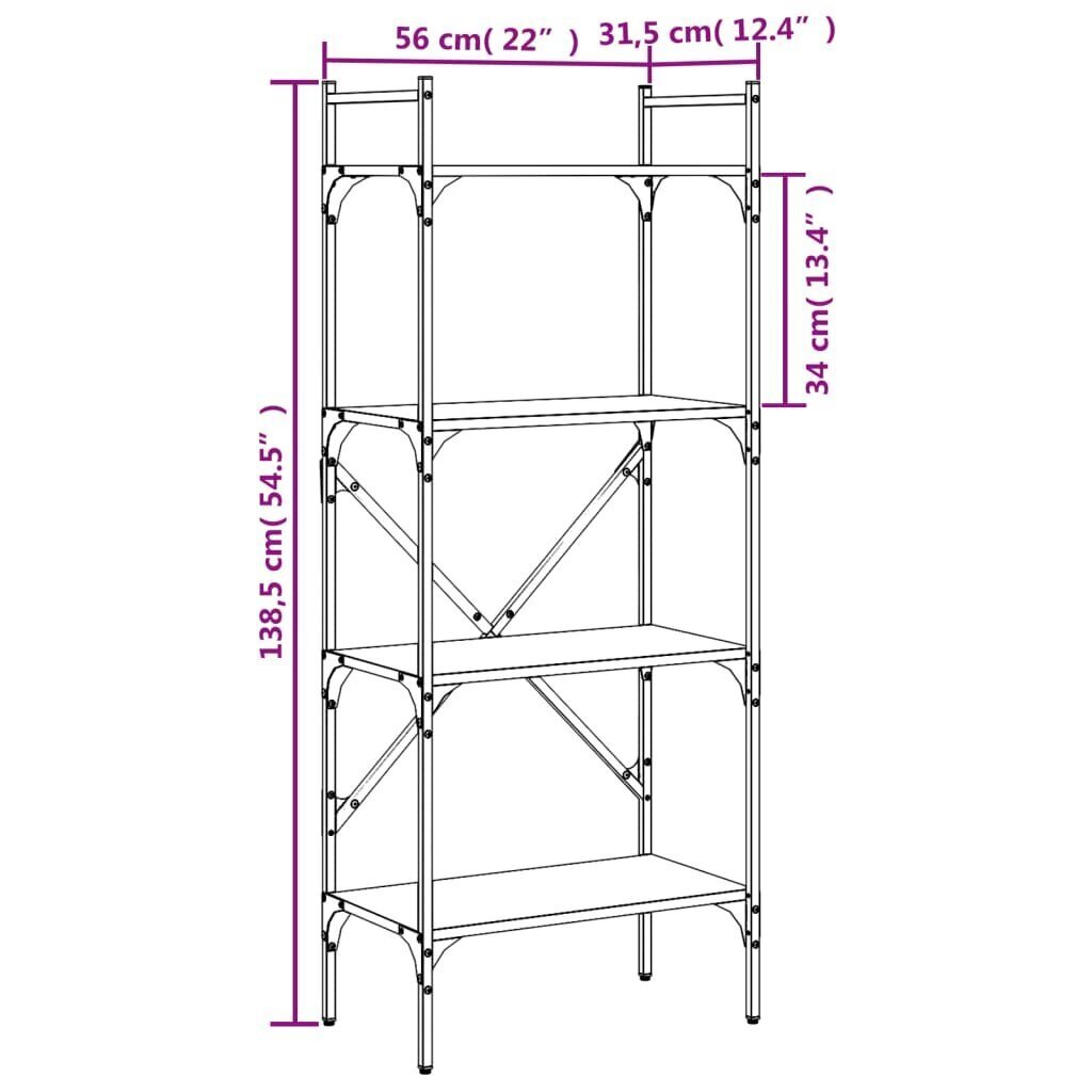 Grāmatu plaukts, 4 līmeņi, ozola krāsa, 56x31,5x138,5 cm, koks cena un informācija | Plaukti | 220.lv