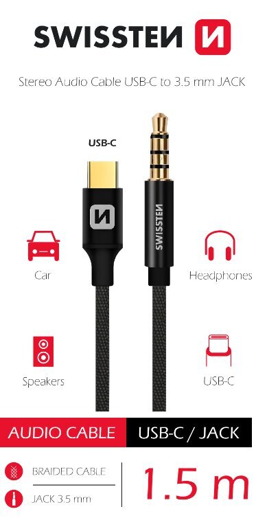 Swissten Textile Audio Adapter USB-C / 3,5 mm / 1.5m cena un informācija | Kabeļi un vadi | 220.lv