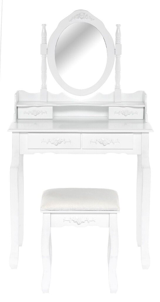 Lara II tualetes galdiņš ar tabureti, izmēri 75x40x145, balts, 4 atvilktnes cena un informācija | Kosmētikas galdiņi | 220.lv