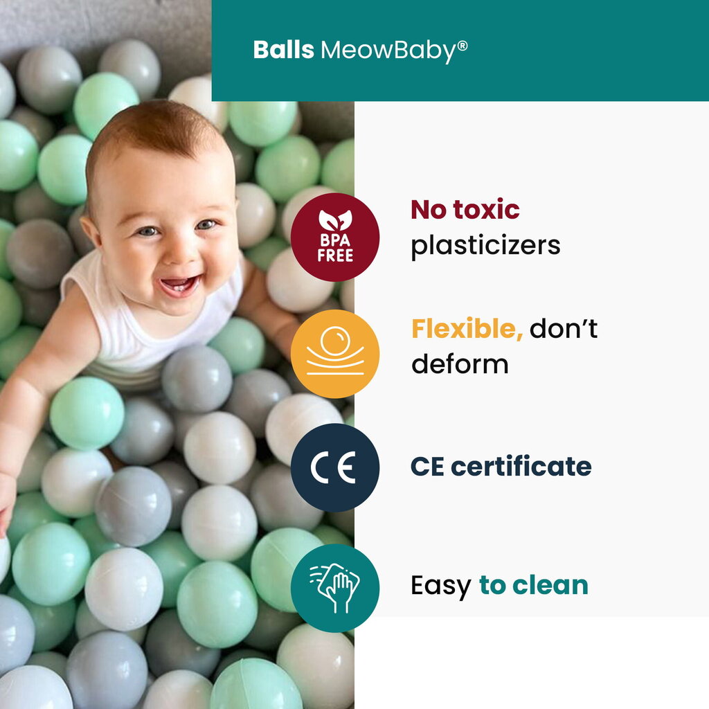 Putu rotaļu komplekts ar bumbu baseinu, bedresMeowBaby®, 100 bumbiņām, gaiši pelēks цена и информация | Rotaļlietas zīdaiņiem | 220.lv