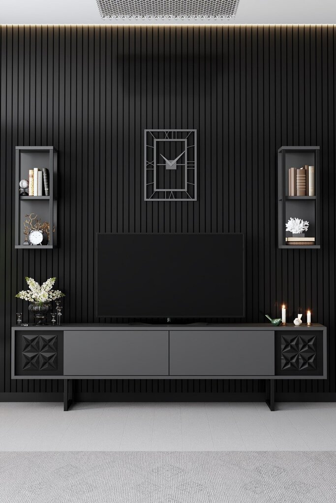 Asir, TV statīvs 180 x 30 x 48 cm, sienas plaukts 22 x 21 x 60 cm, melns cena un informācija | TV galdiņi | 220.lv