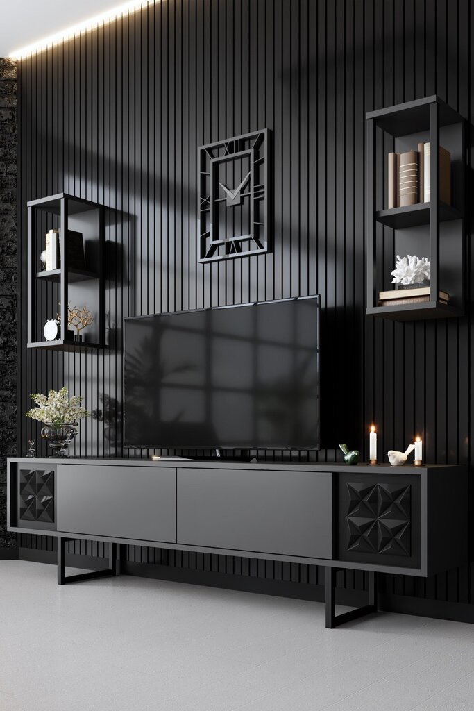 Asir, TV statīvs 180 x 30 x 48 cm, sienas plaukts 22 x 21 x 60 cm, melns cena un informācija | TV galdiņi | 220.lv