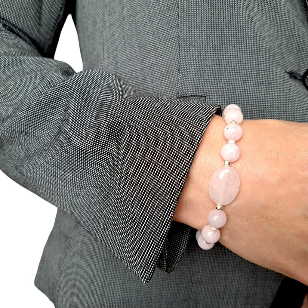 I.L.U.S Dabīgā akmens rozā kvarca rokassprādze sievietēm ar 925 sudraba pērlēm cena un informācija | Rokassprādzes | 220.lv