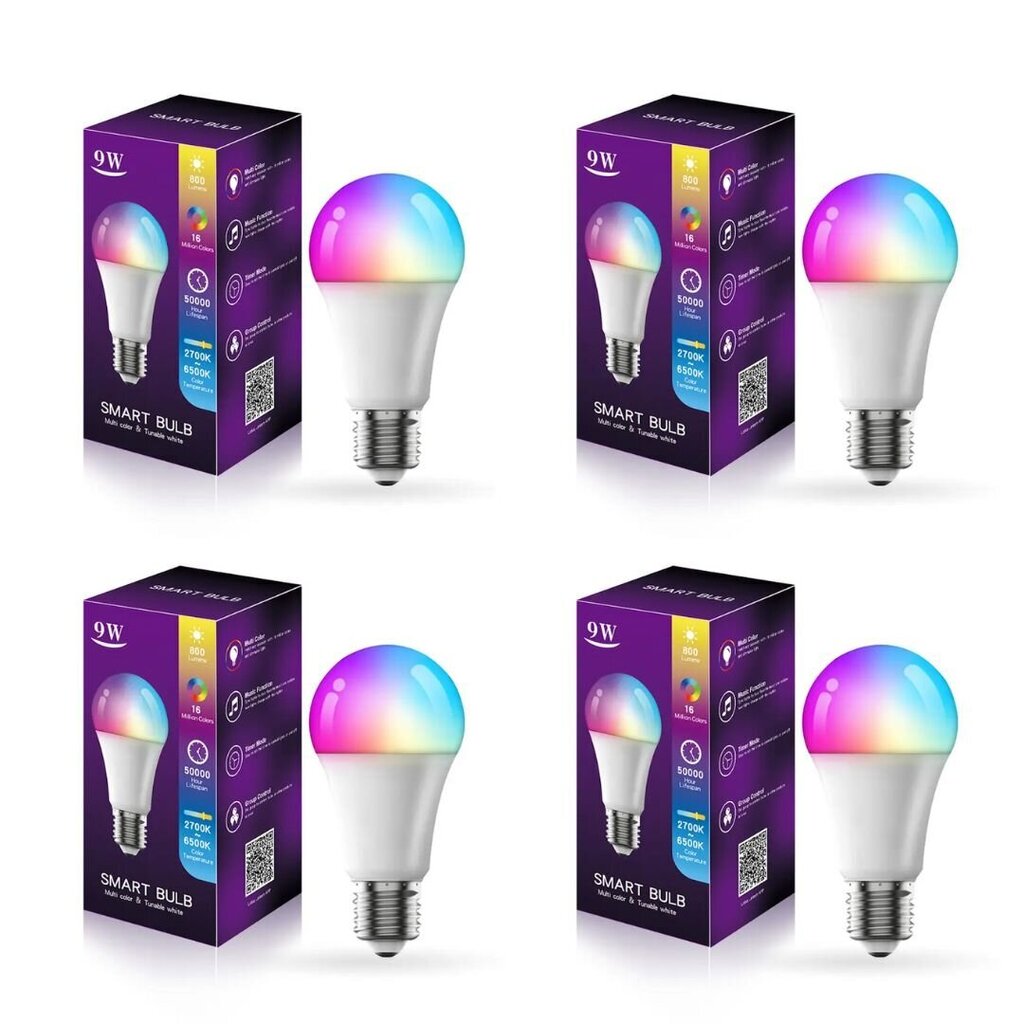 Komplektā 4gab. viedā LED RGB lampa E27 9W Bluetooth 800Lm 2700K-6500K cena un informācija | Spuldzes | 220.lv