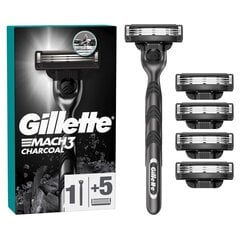 Skuvekļu galviņas Gillette Mach3 Charcoal 5 gab. + skuveklis cena un informācija | Skūšanās piederumi, kosmētika | 220.lv