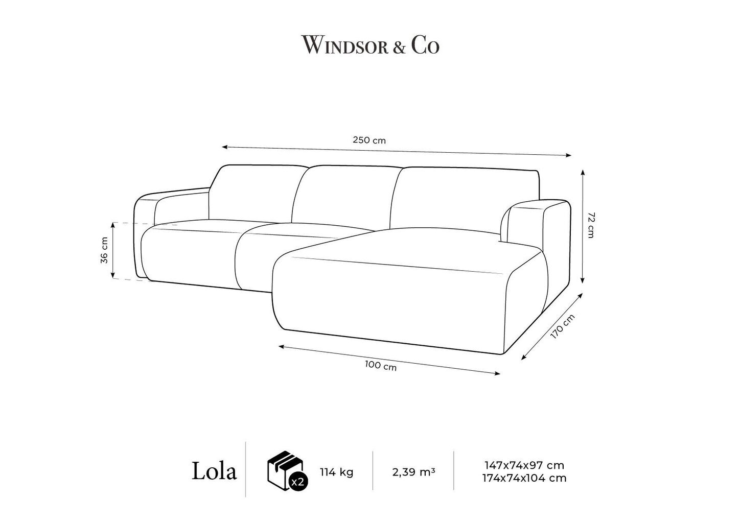 Labās puses dīvāns Windsor & Co Lola, 250x170x72 cm, pelēks cena un informācija | Stūra dīvāni | 220.lv