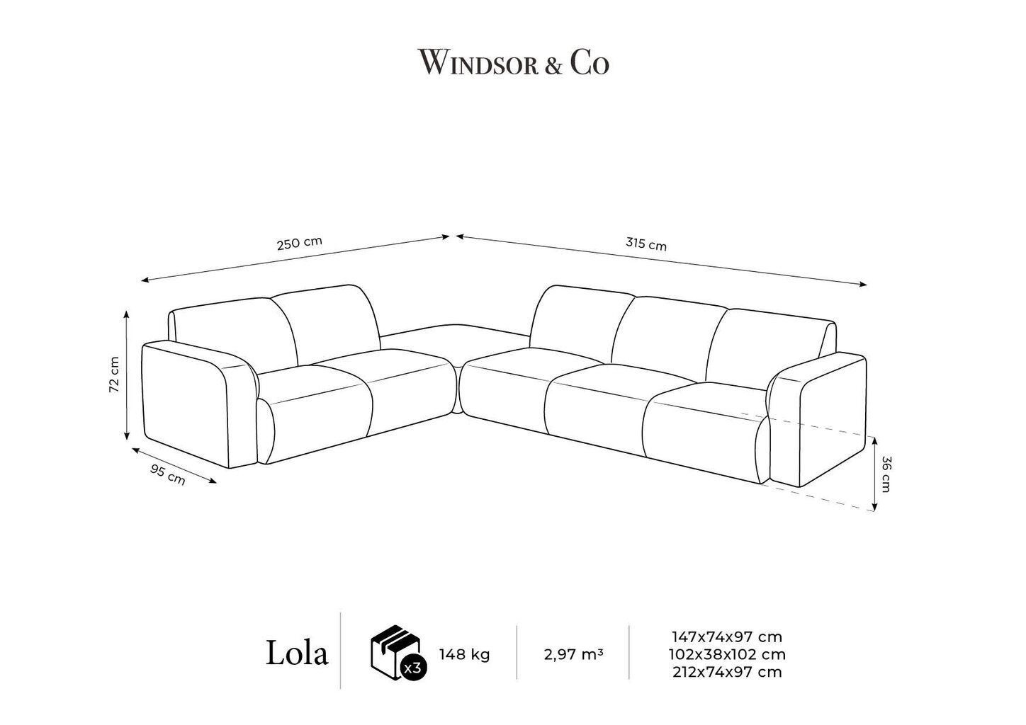 Kreisās puses stūra dīvāns Windsor & Co Lola, 315x250x72 cm, zils cena un informācija | Stūra dīvāni | 220.lv