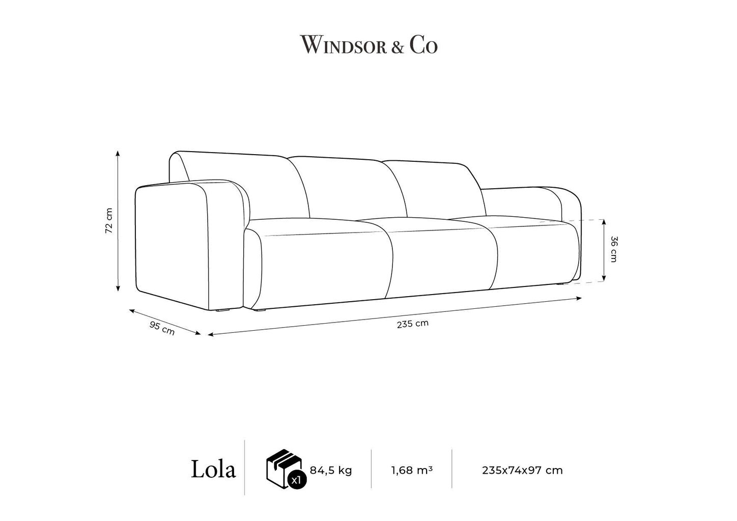 Trīsvietīgs dīvāns Windsor & Co Lola, 235x95x72 cm, tumši pelēks cena un informācija | Dīvāni | 220.lv