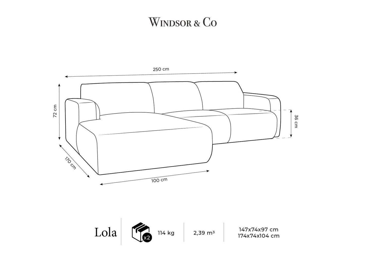 Četrvietīgs kreisās puses dīvāns Windsor & Co Lola, 250x170x72 cm, brūns cena un informācija | Stūra dīvāni | 220.lv