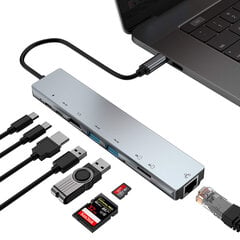 Разветвитель-концентратор 8 в 1 USB C x2 / USB 3.0 x2 / RJ45 / HDMI / устройство чтения карт SD / устройство чтения карт TF цена и информация | Адаптеры и USB разветвители | 220.lv