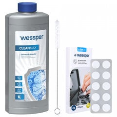 В комплект входят: средство для удаления накипи Wessper CleanMax 1л, чистящие таблетки Wessper CleanOil 10 шт. и шомпол для чистки. цена и информация | Принадлежности для кофейных автоматов | 220.lv