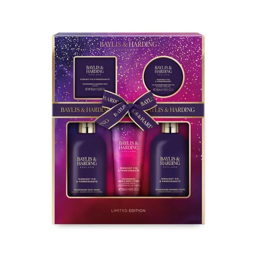 Kosmētikas komplekts Baylis & Harding Midnight Fig & Pomegranate Perfect Pamper: dušas krēms, 300 ml + ķermeņa losjons, 130 ml + ziepes, 150 g + dušas želeja, 300 ml + vannas kristāli, 100 g cena un informācija | Ķermeņa krēmi, losjoni | 220.lv