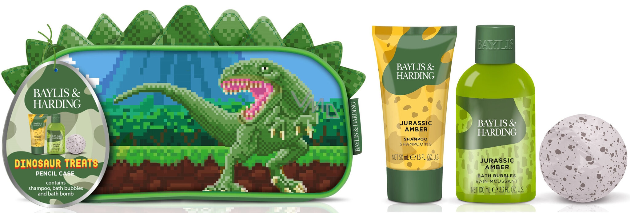 Kosmētikas komplekts Baylis & Harding Dinosaur Pencil Case Gift Set: vannas putas, 100 ml + šampūns, 50 ml + putu bumba, 45 g + kosmētikas somiņa cena un informācija | Šampūni | 220.lv