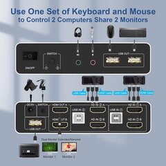 KVM-переключатель с расширенным дисплеем Arleedyn, 2 порта HDMI, поддержка EDID, 4K, 60 Гц , 3 порта USB, аудио порт цена и информация | Адаптеры и USB разветвители | 220.lv