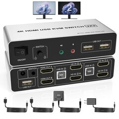 KVM-переключатель с расширенным дисплеем Arleedyn, 2 порта HDMI, поддержка EDID, 4K, 60 Гц , 3 порта USB, аудио порт цена и информация | Адаптеры и USB разветвители | 220.lv