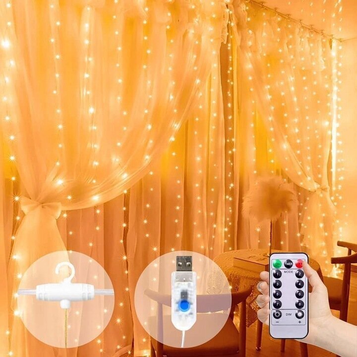 LED aizkaru virtene, 300 LED, 3x3 m cena un informācija | Ziemassvētku lampiņas, LED virtenes | 220.lv