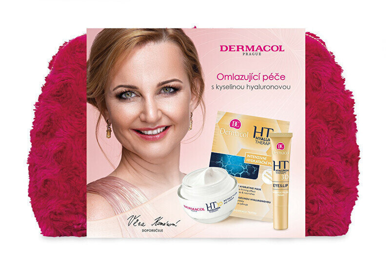 Komplekts Dermacol 3D Hyaluron Therapy I: Hyaluron Therapy 3D Wrinkle Filler Day Cream dienas krēms, 50 ml + HT 3D Intensive Hydrating Mask sejas maska, 2x8 ml + Hyaluron Therapy 3D Eye & Lip Wrinkle Filler Cream acu un lūpu krēms, 15 ml + kosmētikas somi cena un informācija | Sejas krēmi | 220.lv