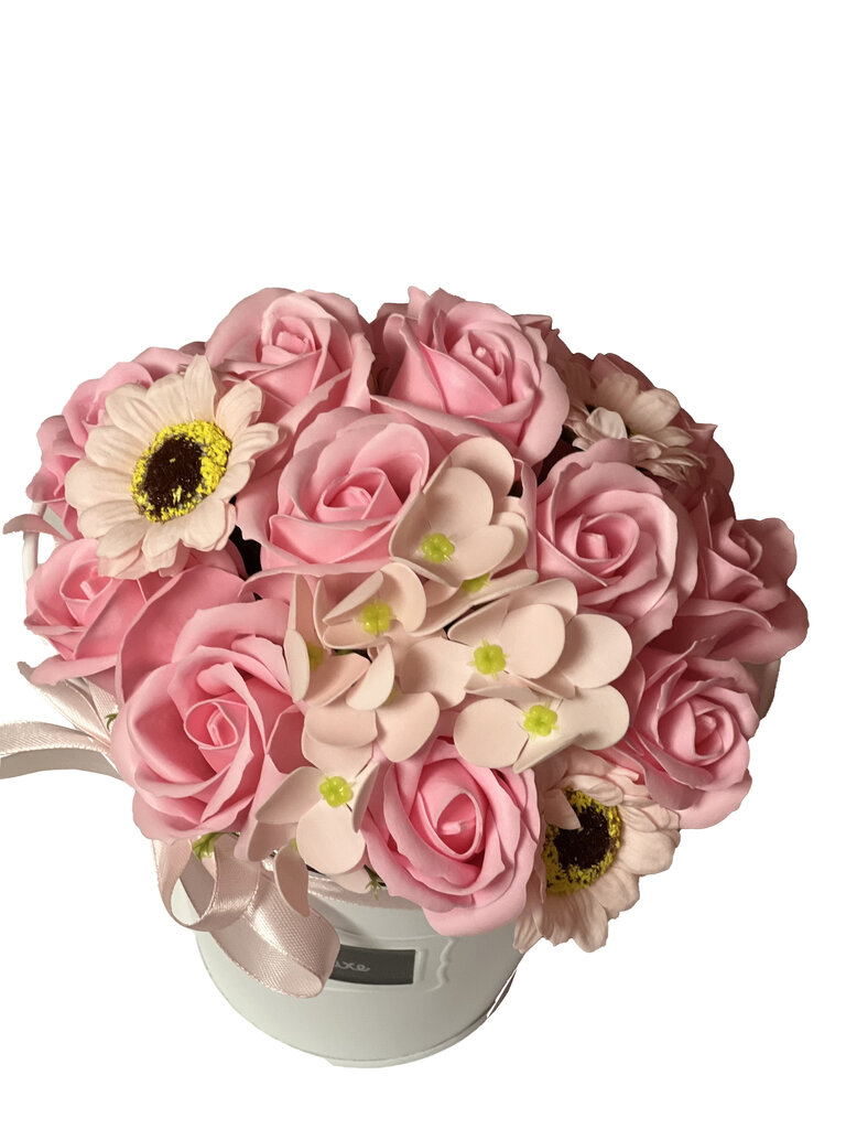 Ziepju rožu pušķis baltā spainītī, rozā cena un informācija | Ziepes | 220.lv
