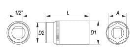 1/2" ligzda 13 mm x 76 mm, 6 punktu garš cena un informācija | Rokas instrumenti | 220.lv