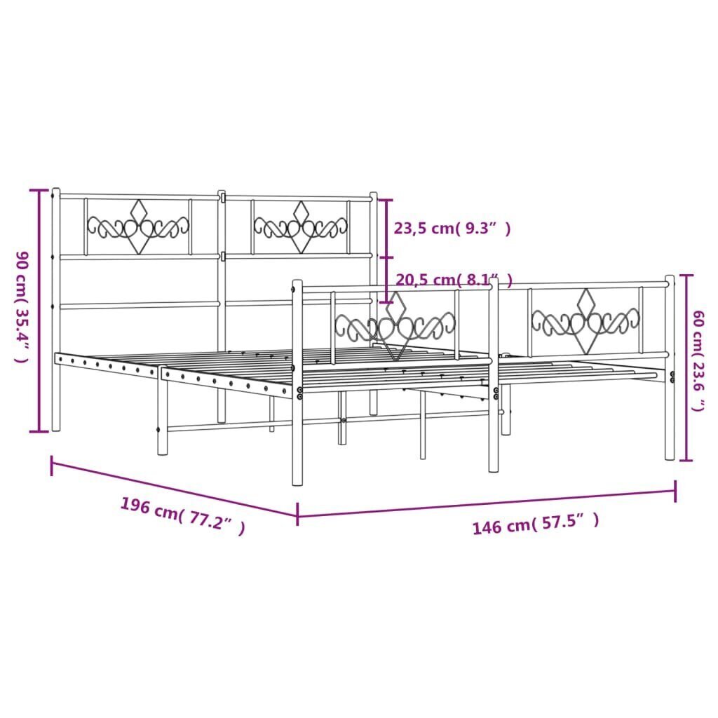 Gultas rāmis ar galvgali un kājgali, balts metāls, 140x190 cm cena un informācija | Gultas | 220.lv