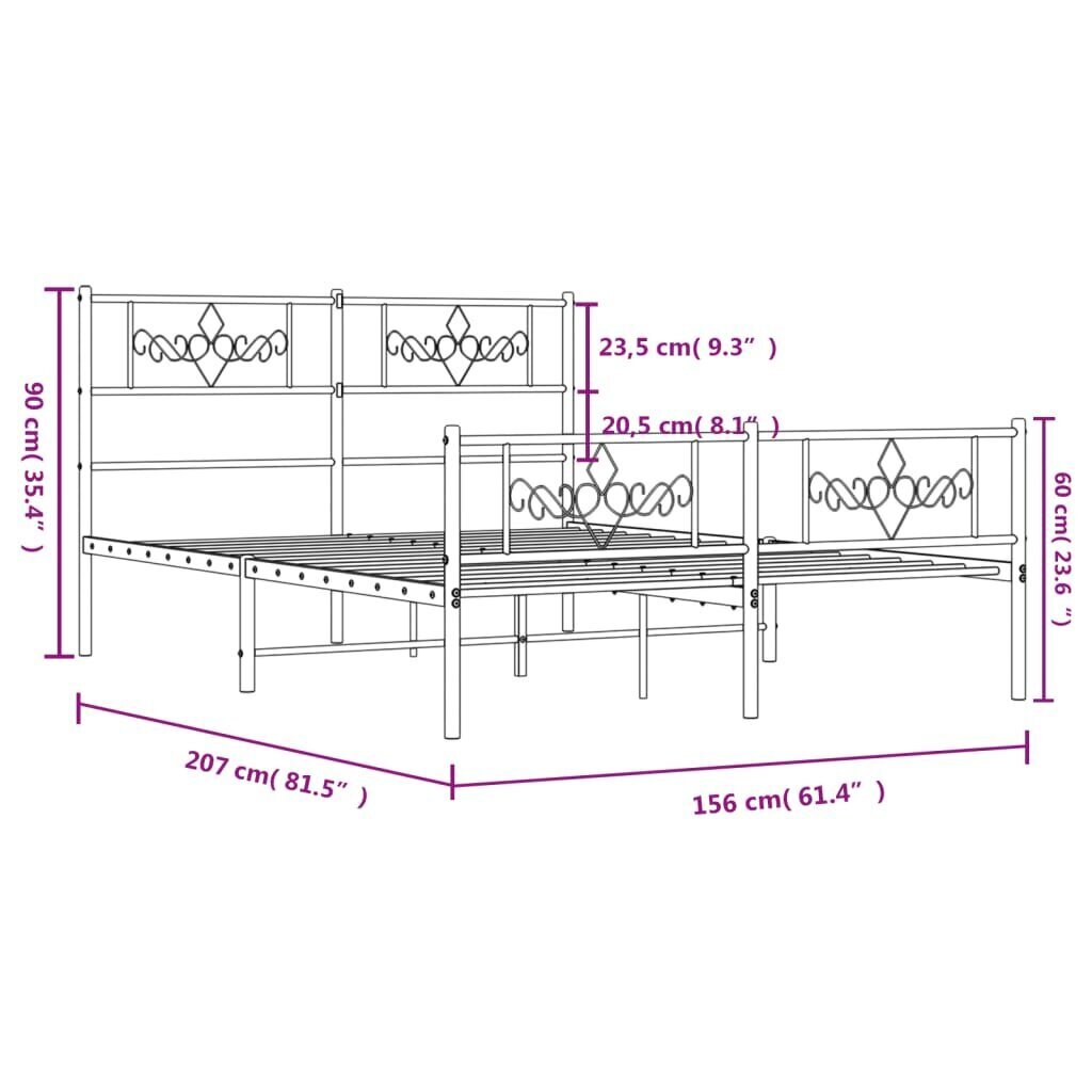 Gultas rāmis ar galvgali un kājgali, balts metāls, 150x200 cm cena un informācija | Gultas | 220.lv