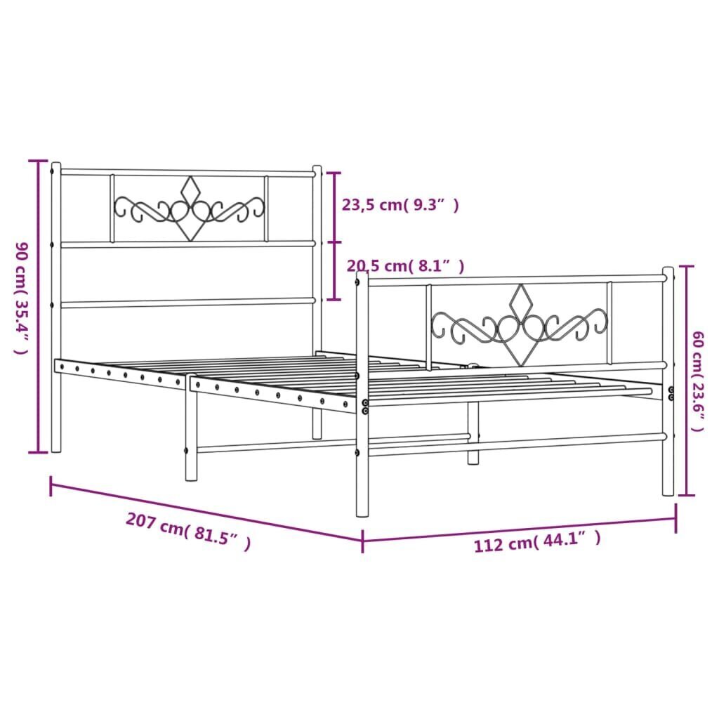 Gultas rāmis ar galvgali un kājgali, melns metāls, 107x203 cm cena un informācija | Gultas | 220.lv