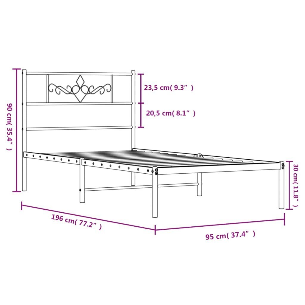 Gultas rāmis ar galvgali, melns metāls, 90x190 cm cena un informācija | Gultas | 220.lv