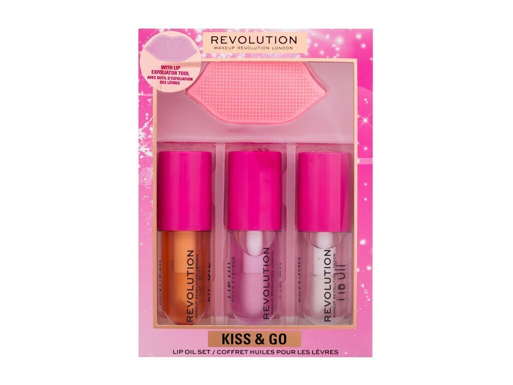 Lūpu eļļu komplekts Makeup Revolution - Lip Oil Set Kiss & Go, 4.5 ml, 3 gab. cena un informācija | Lūpu krāsas, balzāmi, spīdumi, vazelīns | 220.lv