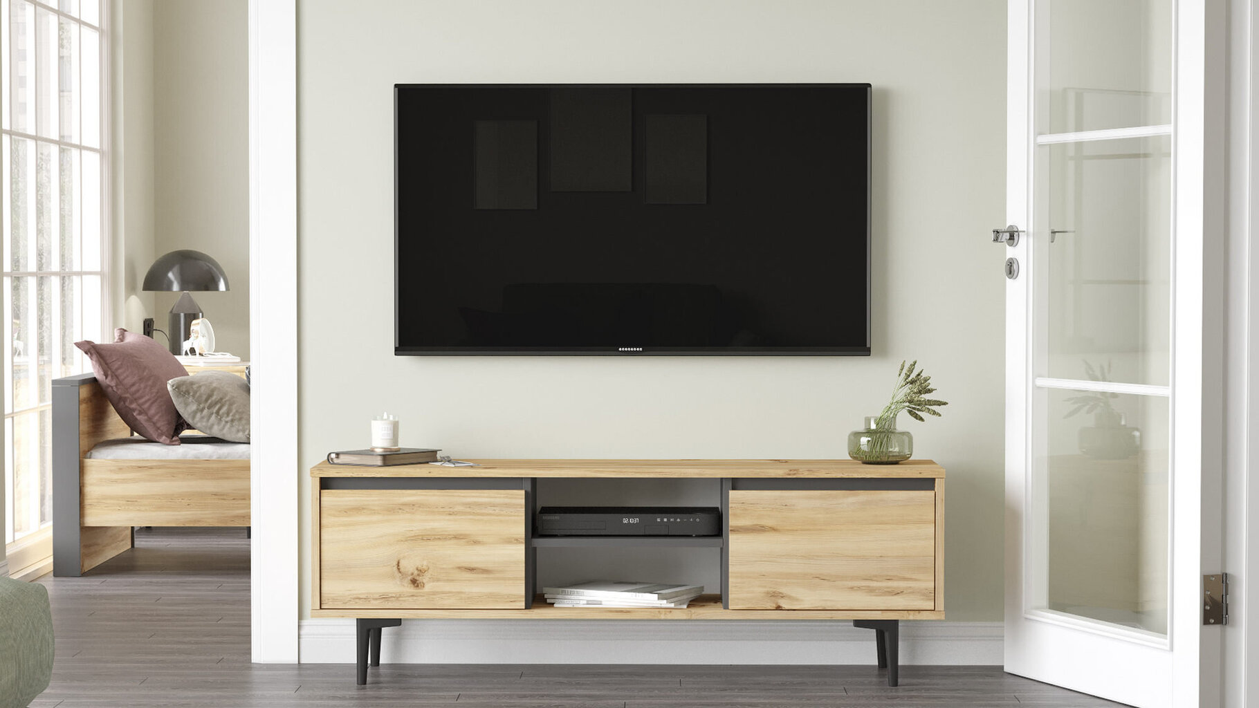 TV skapītis Asir, 140x48,1x35,5cm, brūns/melns цена и информация | TV galdiņi | 220.lv