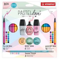 STABILO PASTEL love komplekts/12 Pen 68 Mini + 12 Point 88 Mini + 6 BOSS Mini + 5 Swano Pastel цена и информация | Принадлежности для рисования, лепки | 220.lv