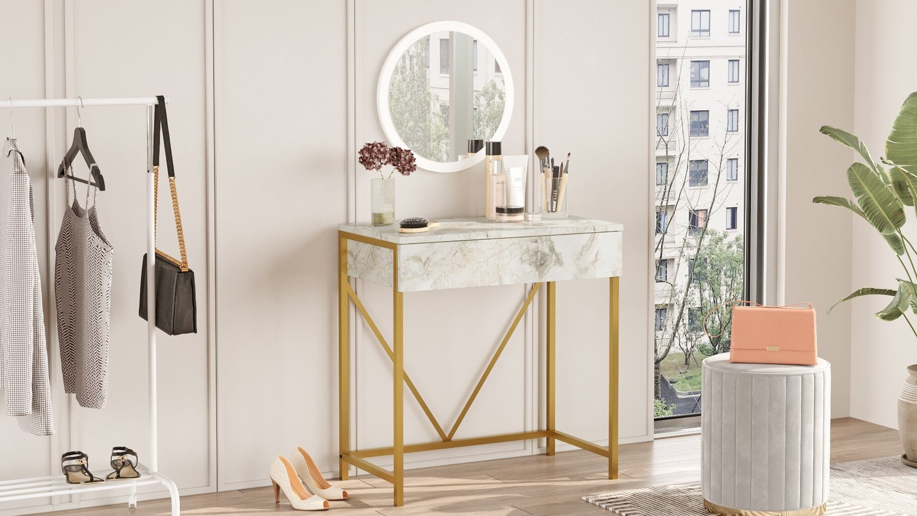 Tualetes galdiņš Asir, 72x75x40cm, balts/zelta cena un informācija | Kosmētikas galdiņi | 220.lv
