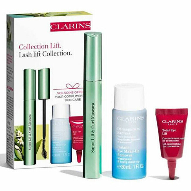 Komplekts Clarins Supra Lift & Curl Set: acu kosmētikas noņemšanas līdzeklis Instant Eye Make-Up Remover 30 ml + skropstu tuša Lift & Curl 8 ml + krēms ādai ap acīm Total Eye 3 ml цена и информация | Acu ēnas, skropstu tušas, zīmuļi, serumi | 220.lv