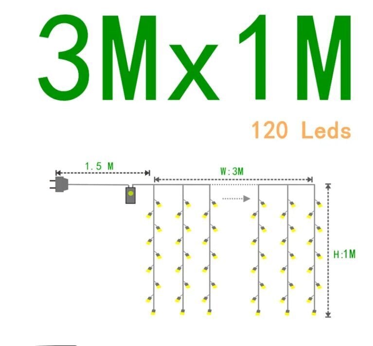Virteņu aizkars, 120 LED 3x1 m, balts cena un informācija | Ziemassvētku lampiņas, LED virtenes | 220.lv