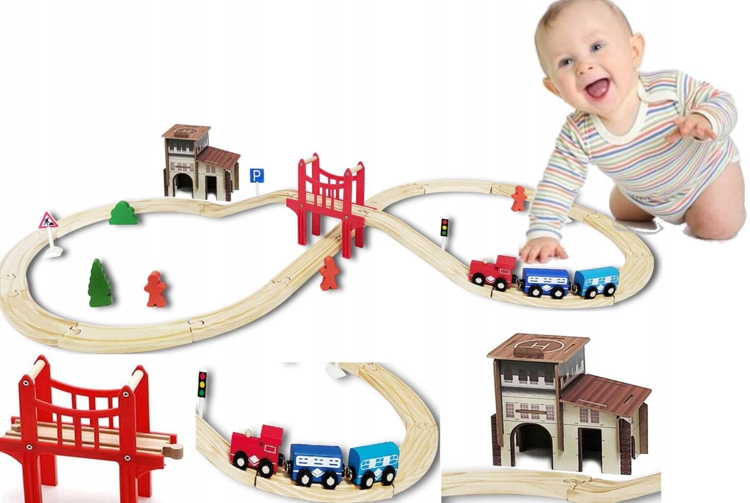 Koka vilciens ar sliežu ceļu un ēkām cena un informācija | Rotaļlietas zēniem | 220.lv