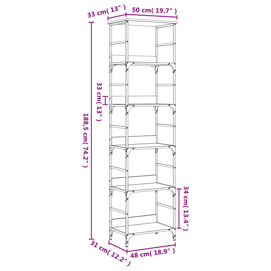 Grāmatplaukts, 50x33x188,5 cm, inženierijas koks цена и информация | Plaukti | 220.lv