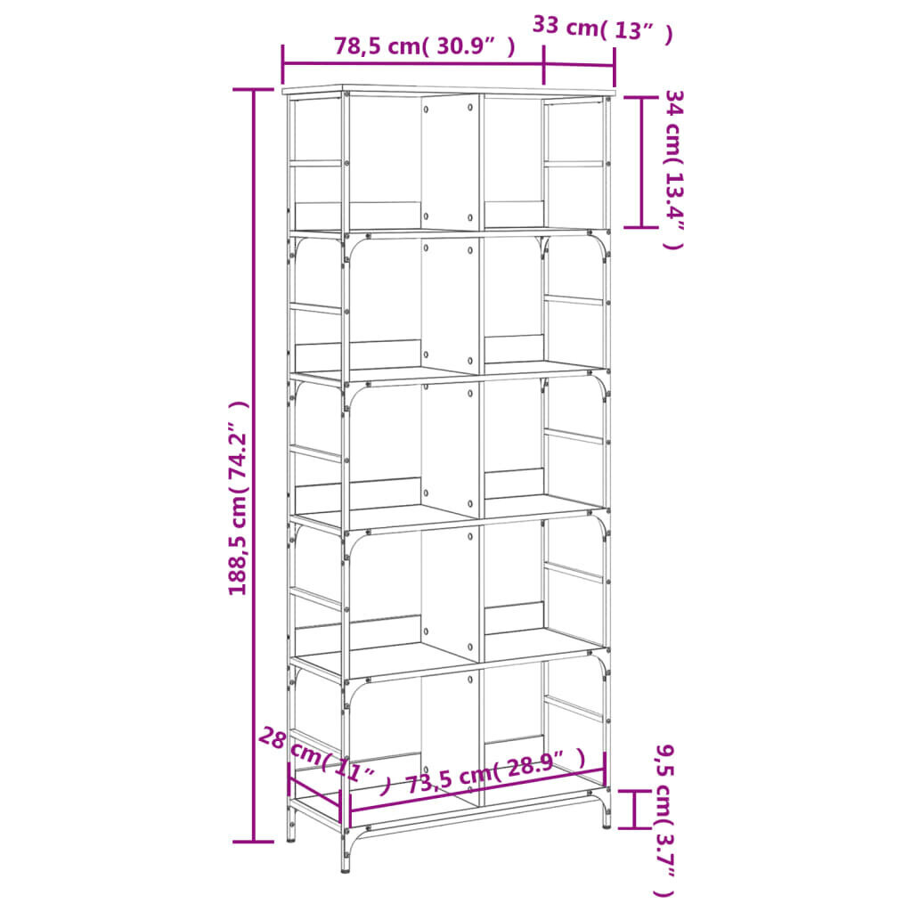 Grāmatplaukts, 78,5x33x188,5 cm, inženierijas koks cena un informācija | Plaukti | 220.lv