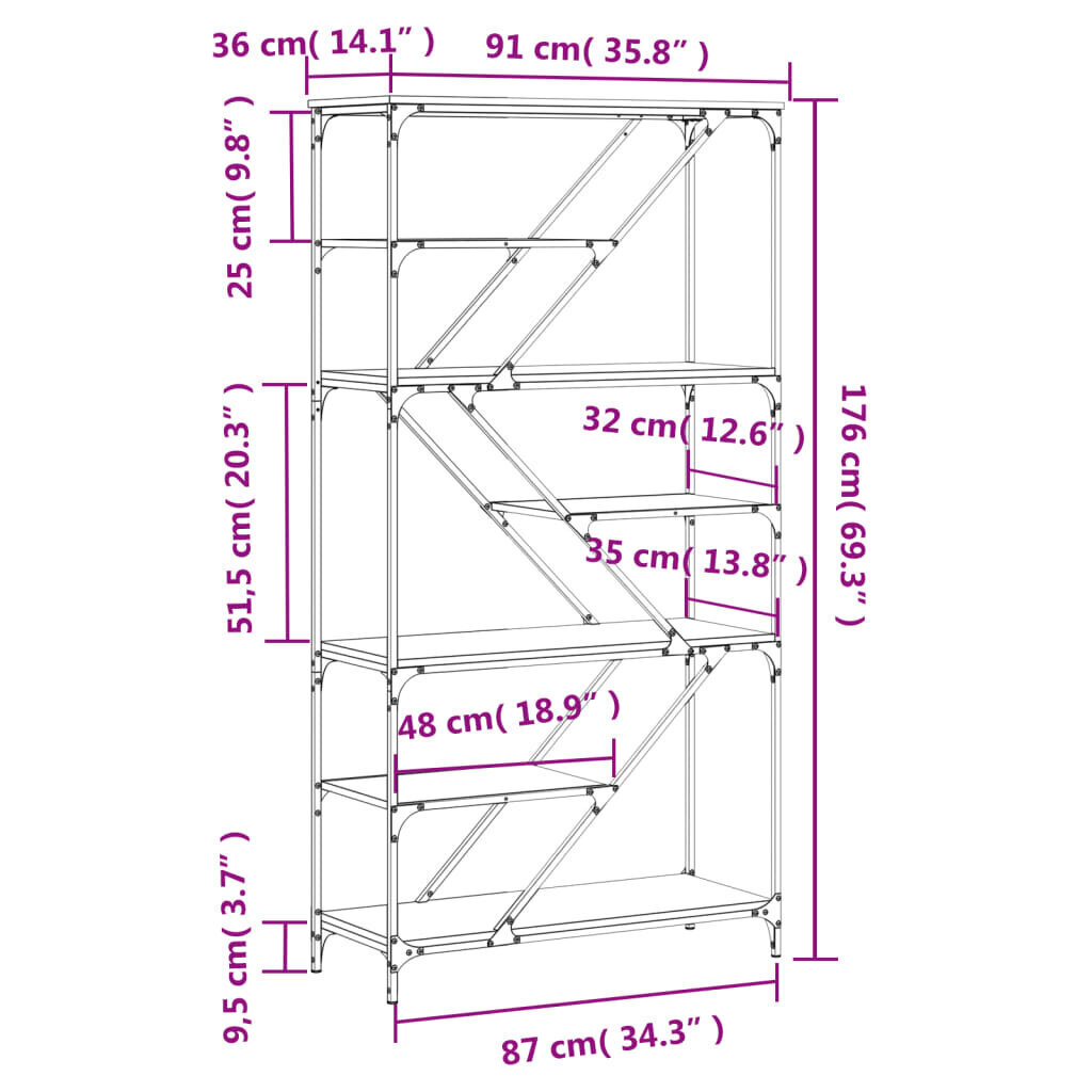 Grāmatplaukts, ozola, 91x36x176 cm, inženierijas koks, tērauds cena un informācija | Plaukti | 220.lv