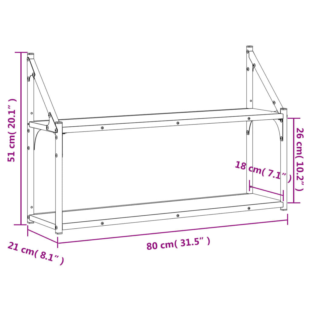 2-līmeņu sienas plaukts, melns, 80x21x51 cm, inženierijas koks cena un informācija | Plaukti | 220.lv