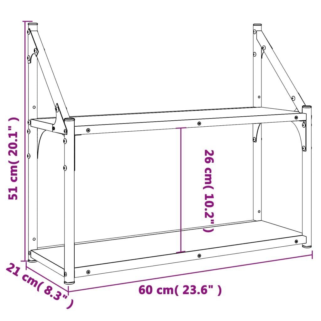 2-līmeņu sienas plaukts, ozola, 60x21x51 cm, inženierijas koks cena un informācija | Plaukti | 220.lv