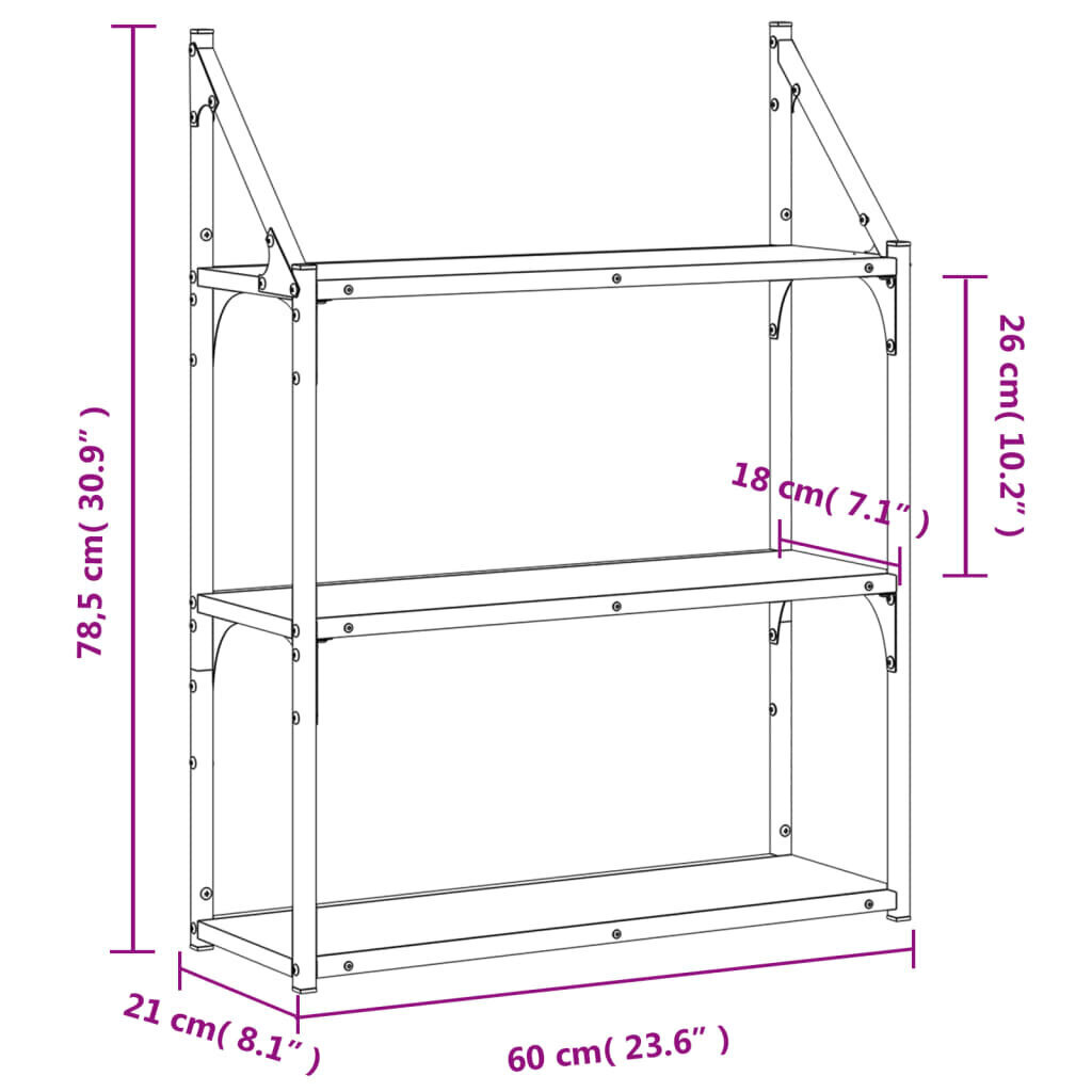 3-līmeņu sienas plaukts, pelēks, 60x21x78,5 cm, koks цена и информация | Plaukti | 220.lv