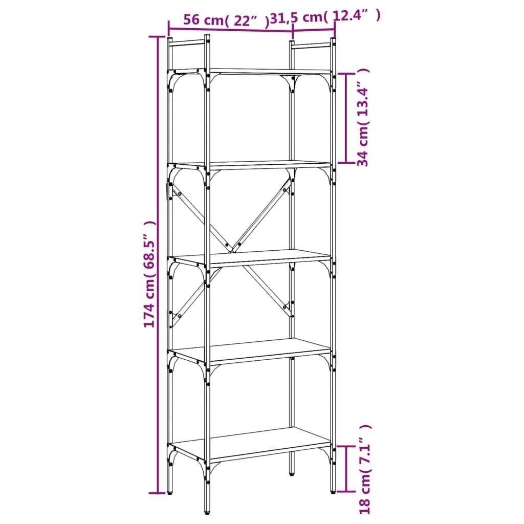 Grāmatu plaukts, 5 līmeņi, ozola krāsa, 56x31,5x174 cm, koks cena un informācija | Plaukti | 220.lv