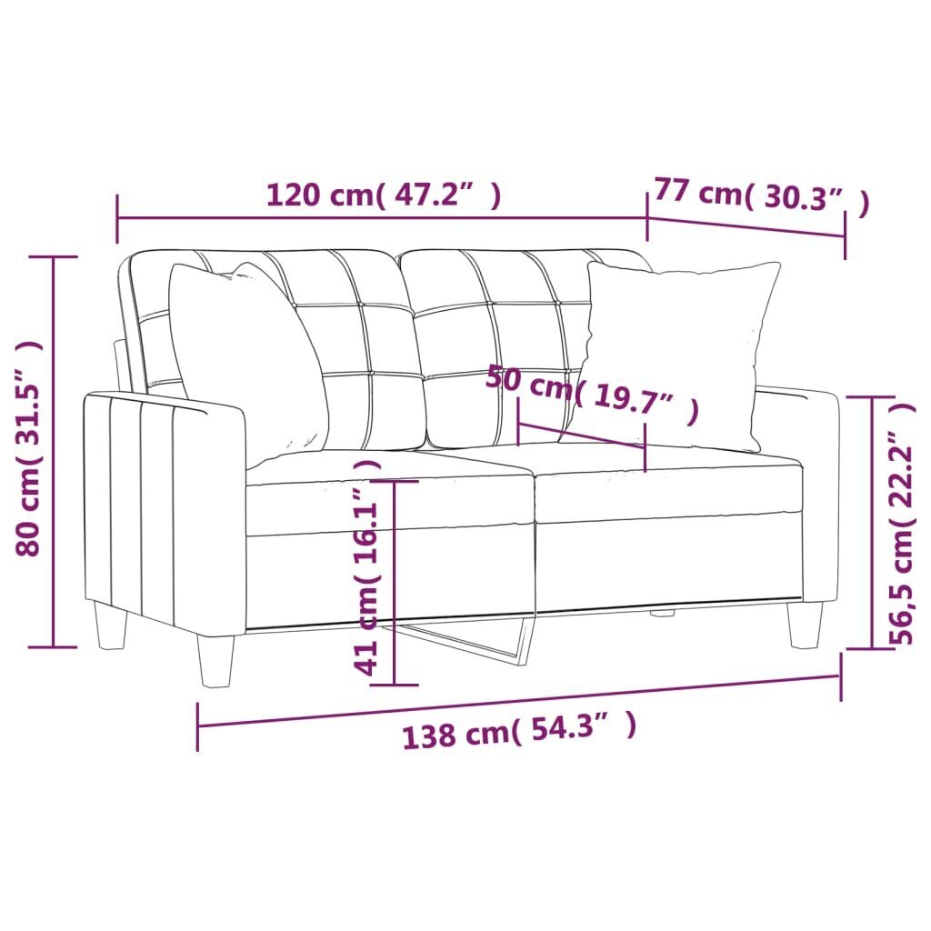 Divvietīgs dīvāns ar spilveniem, pelēks, 120 cm, mākslīgā āda cena un informācija | Dīvāni | 220.lv