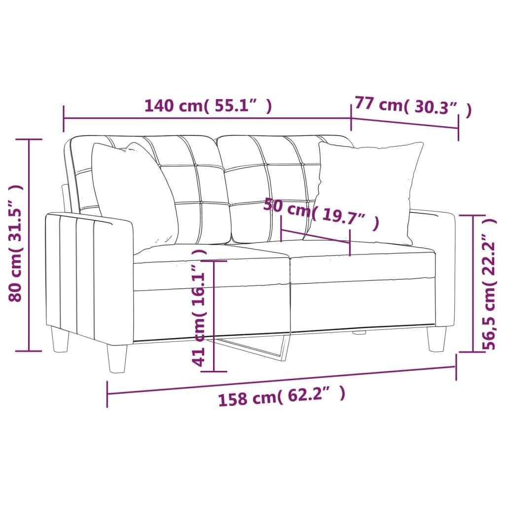 Divvietīgs dīvāns ar spilveniem, pelēks, 140 cm, mākslīgā āda cena un informācija | Dīvāni | 220.lv