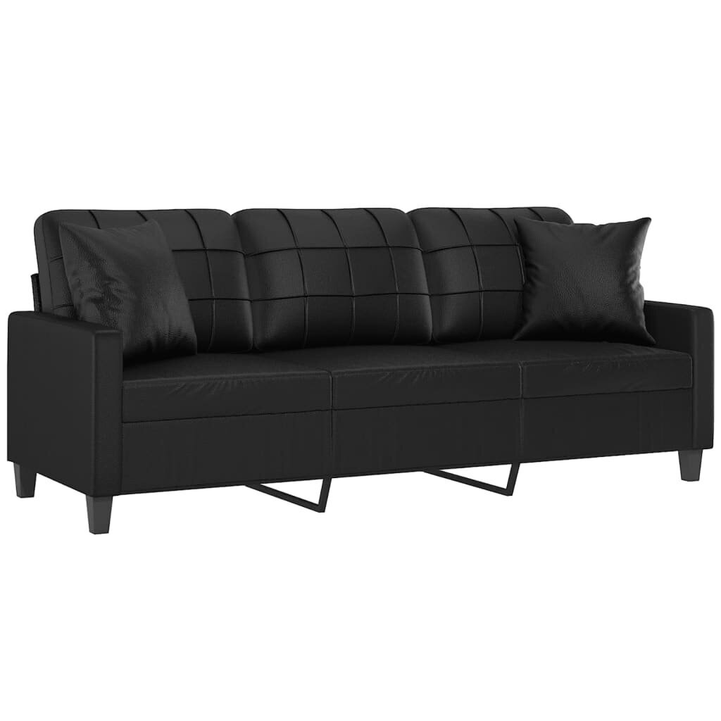 vidaXL trīsvietīgs dīvāns ar spilveniem, melns, 180 cm, mākslīgā āda cena un informācija | Dīvāni | 220.lv