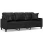 vidaXL trīsvietīgs dīvāns ar spilveniem, melns, 180 cm, mākslīgā āda cena un informācija | Dīvāni | 220.lv