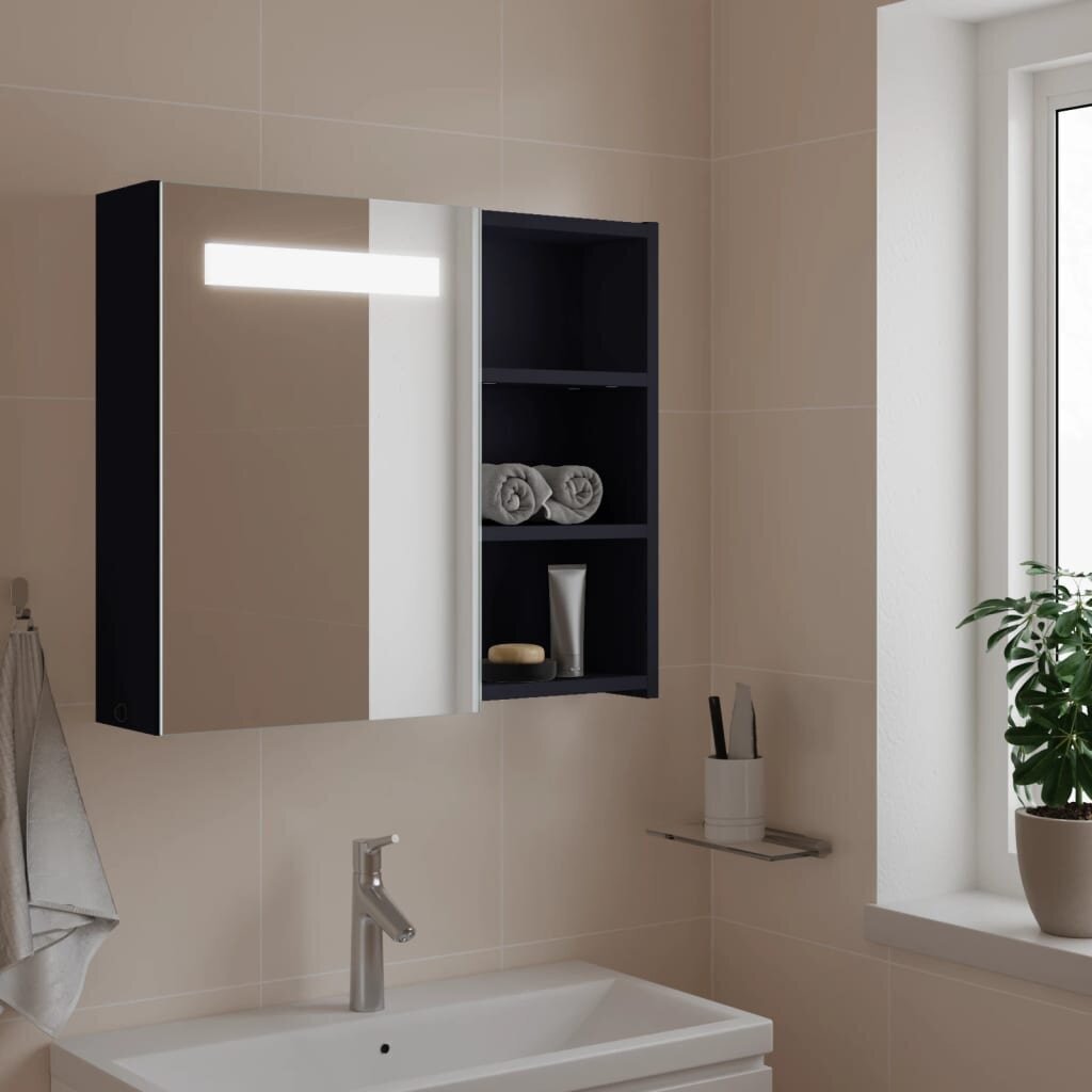 Vannasistabas spoguļskapītis ar LED, 60x13x52 cm, gaiši pelēks цена и информация | Vannas istabas skapīši | 220.lv