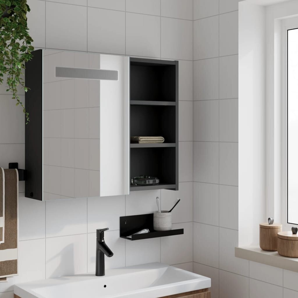 Vannasistabas spoguļskapītis ar LED, 60x13x52 cm, melns cena un informācija | Vannas istabas skapīši | 220.lv
