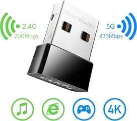 Cudy AC650 USB WLAN Stick, WLAN Adapter для PC-NANO-Size, совместим с Windows XP, 7, 8, 8.1.10, Mac OS 10.10-10.14, WU650 цена и информация | Адаптеры и USB разветвители | 220.lv